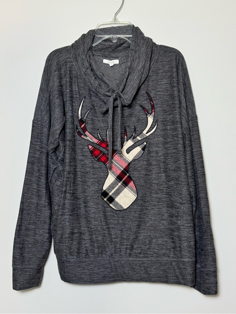 Maurices Cowl Neck Charcoal Sweatshirt Plaid Deer Front Appliqué Size L Fall